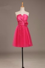 Gorgeous Coral Red Satin and Tulle Lace Up Club Wear Sleeveless Knee Length Beading and Hand Made Flower