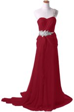 One Shoulder Burgundy Sleeveless Watteau Train Beading With Train Prom Dress