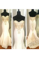 Mermaid White Sleeveless Elastic Woven Satin Zipper Prom Gown for Prom and Party