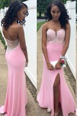 Delicate Rose Pink Mermaid Chiffon Sweetheart Sleeveless Beading Floor Length Backless Homecoming Dress