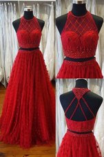 Scoop Sleeveless Sweep Train Backless Dress for Prom Red Tulle