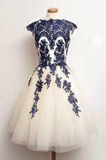 Scalloped Appliques Cocktail Dress Blue And White Zipper Cap Sleeves Knee Length