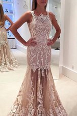 Low Price Mermaid Scoop Champagne Sleeveless Lace and Appliques Zipper Prom Evening Gown