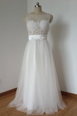 Scoop Floor Length White Dress for Prom Tulle Sleeveless Lace