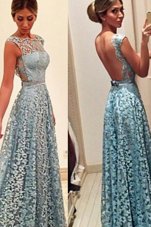 Glorious Turquoise Lace Backless Prom Gown Sleeveless Floor Length Lace