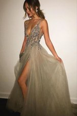 Sophisticated Champagne V-neck Backless Beading Dress for Prom Sweep Train Sleeveless