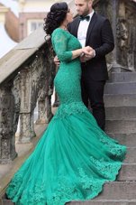 Colorful Mermaid Green Long Sleeves Chapel Train Beading and Appliques With Train Pageant Dresses