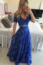 Enchanting Royal Blue Chiffon Zipper V-neck Short Sleeves Evening Dress Sweep Train Lace and Appliques