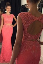 Mermaid Watermelon Red Backless Bateau Beading and Appliques Prom Dresses Lace Sleeveless Sweep Train
