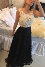 Scoop Sleeveless Side Zipper Prom Evening Gown White And Black Lace