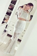 Fashionable Mermaid Off the Shoulder Floor Length White Prom Dresses Lace Long Sleeves Lace