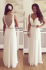 Floor Length White Evening Dress V-neck Sleeveless Zipper