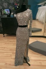 Attractive One Shoulder Silver Long Sleeves Sequined Sweep Train Zipper Prom Party Dress for Prom and Party