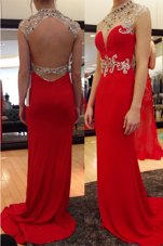 Red Sleeveless Chiffon Sweep Train Backless Prom Evening Gown for Prom