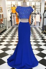 Sumptuous Beading Royal Blue Zipper Short Sleeves With Train Sweep Train