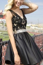 Black A-line V-neck Sleeveless Satin Mini Length Zipper Beading and Appliques Party Dresses