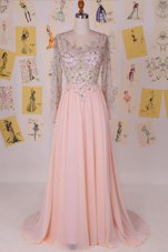 Luxurious Scoop Long Sleeves With Train Beading Zipper with Pink Brush Train