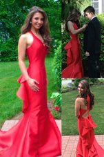 Mermaid Sleeveless Ruffles Zipper Custom Made Pageant Dress with Red Court Train