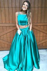 Green Spaghetti Straps Zipper Ruching Prom Gown Sweep Train Sleeveless
