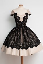 Dramatic Black Ball Gowns Satin Scoop Cap Sleeves Lace Knee Length Zipper Cocktail Dresses