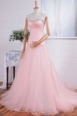 Pink A-line Beading and Ruching Prom Evening Gown Zipper Organza Sleeveless With Train