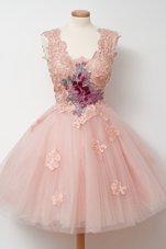 Noble Square Sleeveless Party Dress Knee Length Appliques and Embroidery Pink Tulle