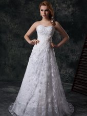 Beading and Lace Wedding Dresses White Zipper Sleeveless Sweep Train