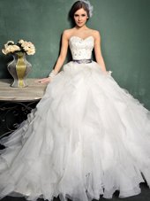 White Sleeveless Brush Train Beading and Ruffles and Belt Wedding Dresses