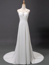 Spectacular White Sleeveless Chiffon Brush Train Lace Up Wedding Gowns for Wedding Party