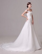 Enchanting Off the Shoulder White Bridal Gown Organza Court Train Sleeveless Beading and Appliques and Ruching
