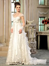 Customized White Empire Sweetheart Cap Sleeves Organza With Brush Train Lace Up Beading and Appliques and Ruffles Wedding Dresses