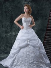 Custom Fit Sweetheart Sleeveless Taffeta Bridal Gown Beading and Embroidery Brush Train Lace Up
