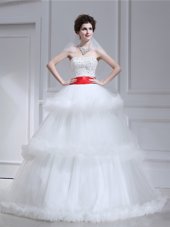 White A-line Tulle Strapless Sleeveless Beading and Ruffled Layers With Train Lace Up Bridal Gown Brush Train