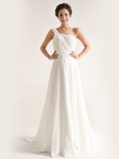 Sexy One Shoulder Sleeveless Brush Train Zipper Wedding Gown White Chiffon