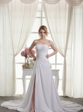 High Class Beading and Appliques Wedding Dress White Lace Up Sleeveless With Train Court Train