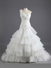 Flirting With Train Lace Up Wedding Dresses White and In for Wedding Party with Beading and Ruffled Layers and Ruching Court Train