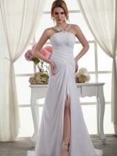 Sleeveless Court Train Ruching Zipper Wedding Gowns