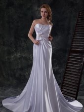 Brush Train A-line Wedding Dress Silver Strapless Elastic Woven Satin Sleeveless Lace Up
