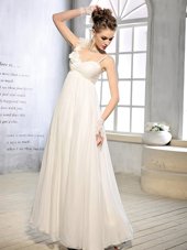 White Sleeveless Ruching and Hand Made Flower Floor Length Wedding Dresses