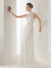 Halter Top Sleeveless Bridal Gown With Brush Train Lace and Belt White Chiffon