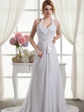 Chiffon Halter Top Sleeveless Lace Up Lace and Appliques and Ruching and Bowknot Wedding Gown in White