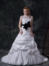Trendy Pick Ups A-line Cap Sleeves White Wedding Dress Brush Train Lace Up