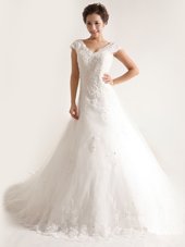 White A-line Lace and Appliques Wedding Gowns Lace Up Tulle Cap Sleeves With Train