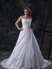 Taffeta One Shoulder Sleeveless Brush Train Lace Up Beading and Pick Ups Wedding Dress in White