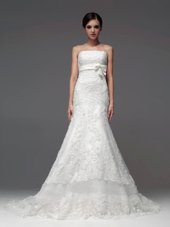 White Strapless Neckline Lace and Appliques Wedding Dress Sleeveless Lace Up