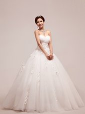 High Quality White Sleeveless Appliques and Ruching and Hand Made Flower Floor Length Bridal Gown