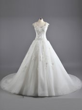 Court Train A-line Wedding Gown White Straps Tulle and Lace Cap Sleeves Floor Length Lace Up