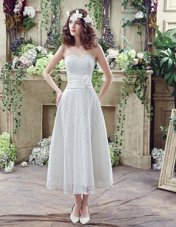 Elegant Lace Strapless Sleeveless Lace Up Lace and Hand Made Flower Wedding Dresses in White