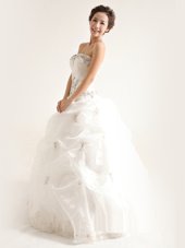White A-line Strapless Sleeveless Organza Floor Length Zipper Beading and Ruffles Wedding Dress