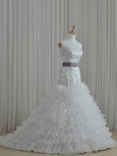 Luxurious White Organza Lace Up Strapless Sleeveless Floor Length Wedding Gown Beading and Ruffles and Belt
